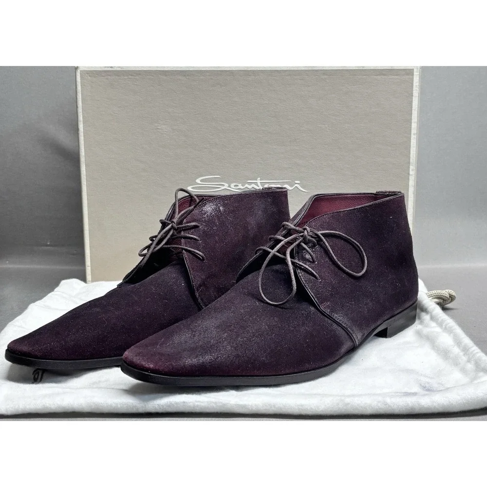 Santoni Suede Chukka Boots Burgundy Brown Italy Size 8.5 Luxury Made In Italy